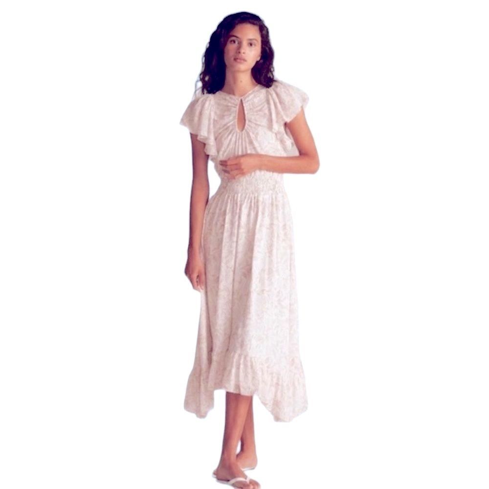 Rebecca Taylor Zadie Silk Blend Smocked Midi Dress Snow Combo Women's Size 14